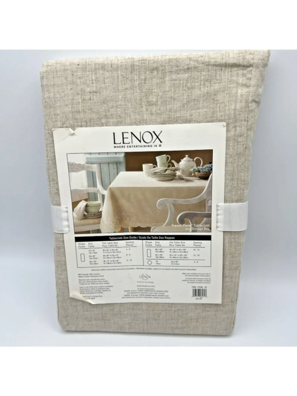 Lenox French Perle Tablecloth Decorative Trim 52x70 Beige Linen Storage Bag